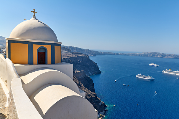 Santorinis iconic church and caldera with ships. Digital Download