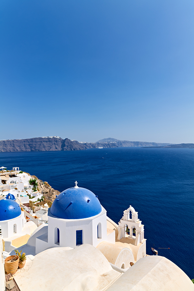 Iconic blue domes and white architecture of Santorini Greece. Digital Download
