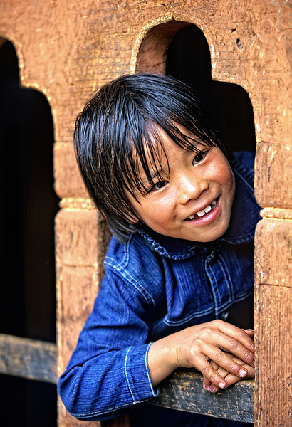 Smiling child peeking from a wooden window. Digital Download