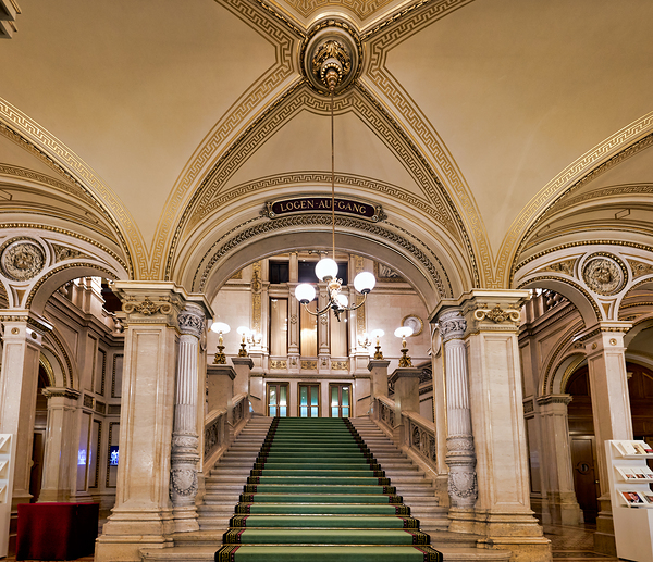 Majestic staircase with green carpet in an ornate hall. Digital Download