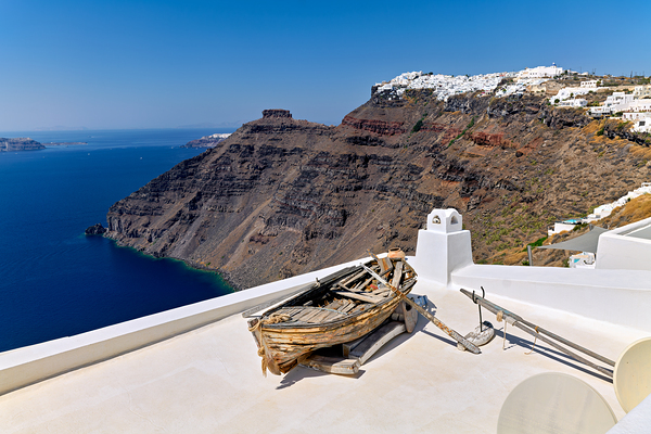 Santorini: Old boat white village and caldera view. Digital Download