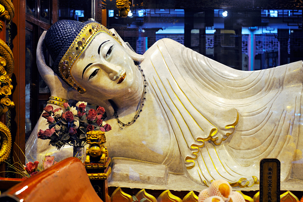 Reclining Buddha statue in Shanghai temple with flowers and gold Digital Download