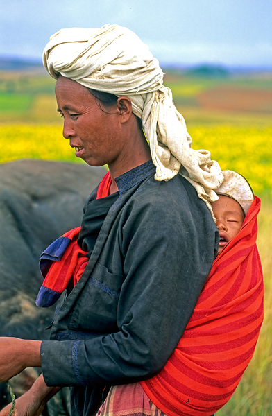 Woman carries son on her back in Myanmar fields Digital Download