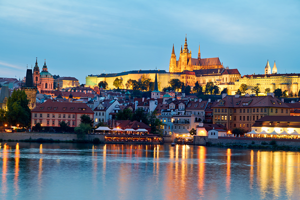 Prague cityscape at night with castle and river reflections. Digital Download