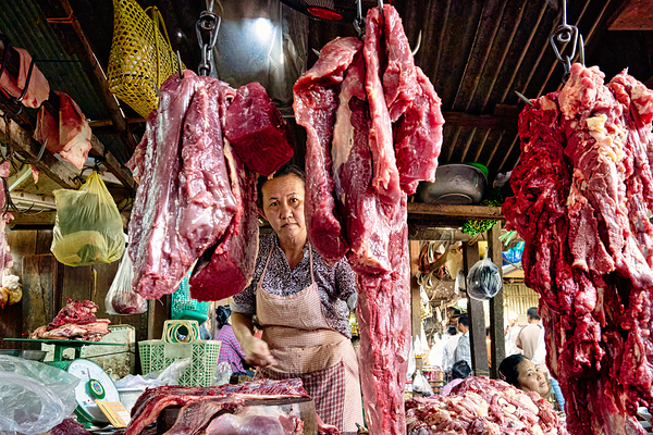 Woman selling raw meat in a bustling market. Digital Download