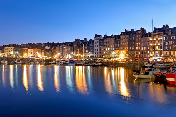 Harbour view of Honfleur at dusk with boats and buildings Digital Download