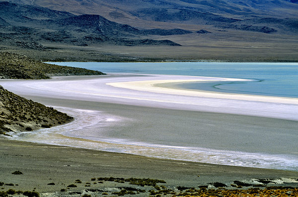 Scenic desert lake with white shore and rocky mountains. Digital Download