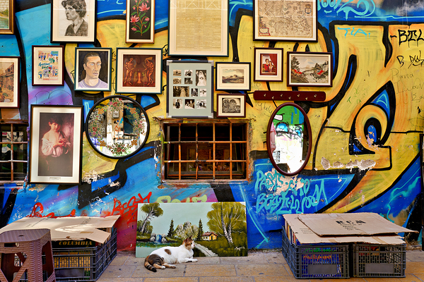 Flea market scene in Monastiraki Athens with colorful wall art Digital Download