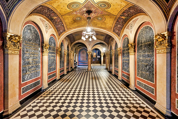 Historic church corridor with ornate arches and checkered floor. Digital Download