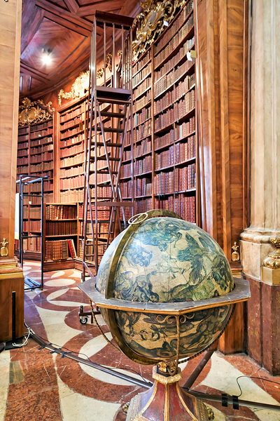 Historic library interior with globe books and rolling ladder. Digital Download