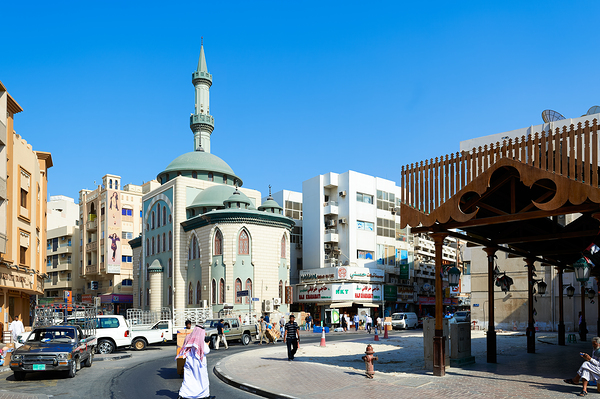 Middle Eastern street scene with mosque and market in Dubai UAE Digital Download