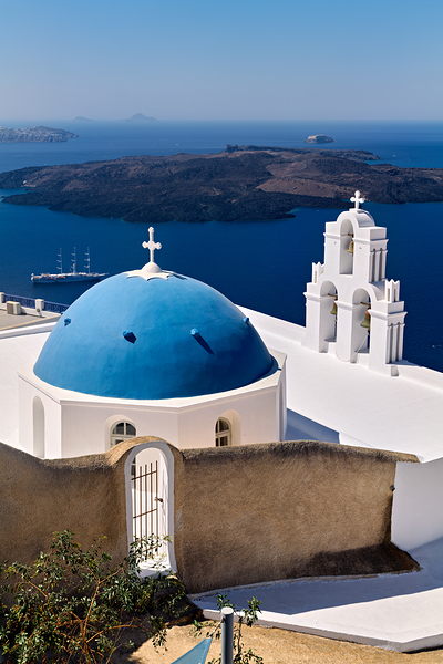 Santorinis iconic blue dome church and caldera seascape. Digital Download