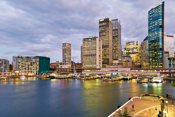 Sydney Harbour at dusk with ferries and city skyline. Digital Download