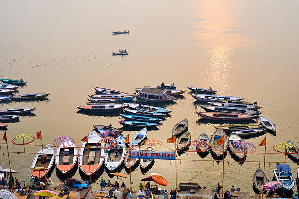Sunrise at Ganges River in Varanasi with boats and activities Digital Download