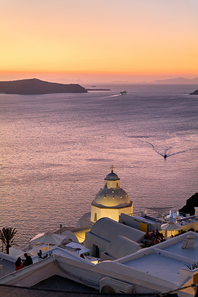 Sunset over Santorini caldera with church and boats. Digital Download