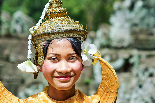 Smiling Cambodian dancer in traditional golden costume and crown Digital Download