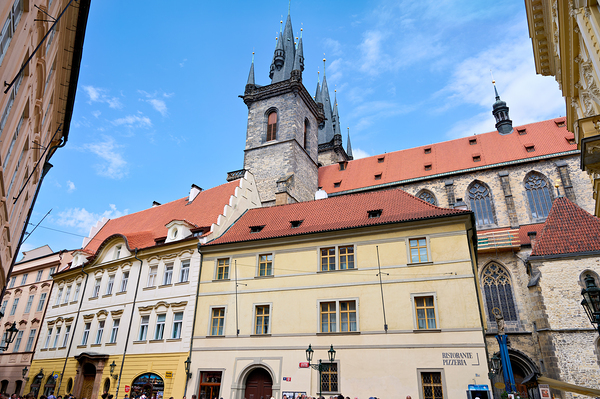 Pragues Týn Church and historic buildings under blue sky. Digital Download