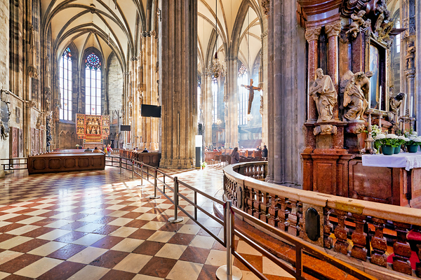 Grand cathedral interior with vaulted ceilings columns and cru Digital Download