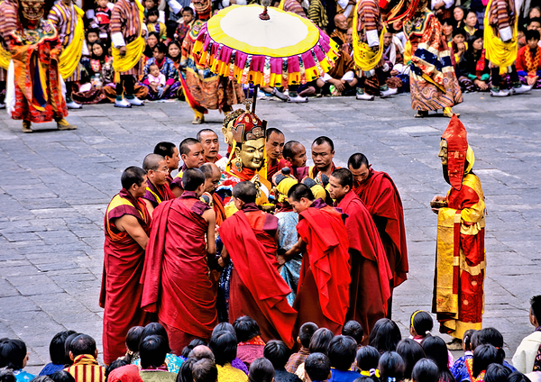 Monks in red robes gathered around a golden statue. Digital Download