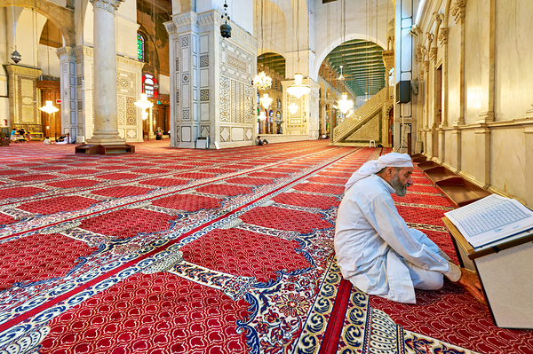 Visitor reading Quran in Umayyad Mosque in Damascus Digital Download