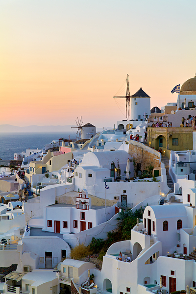 Oia Santorini: White buildings windmills and sunset over the  Digital Download