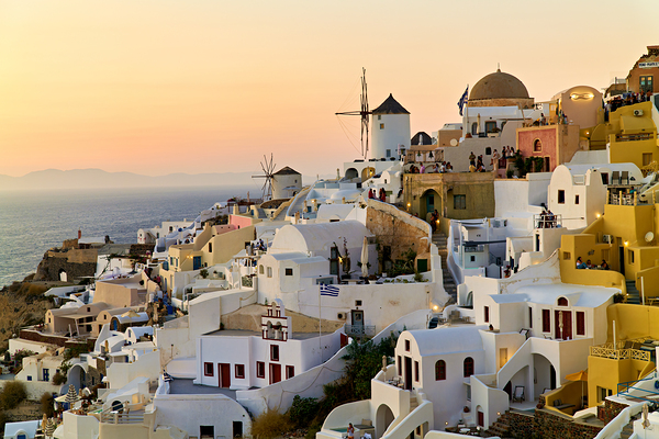 Whitewashed Santorini village and windmills at sunset over the s Digital Download