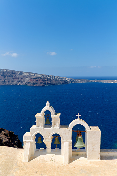 Santorini bell tower overlooking the Aegean Sea. Digital Download