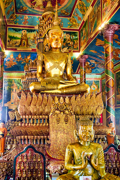 Ornate golden Buddha statue in a richly decorated temple. Digital Download