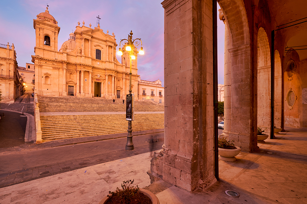 Noto Cathedral in Sicily glows at dusk with streetlights Digital Download