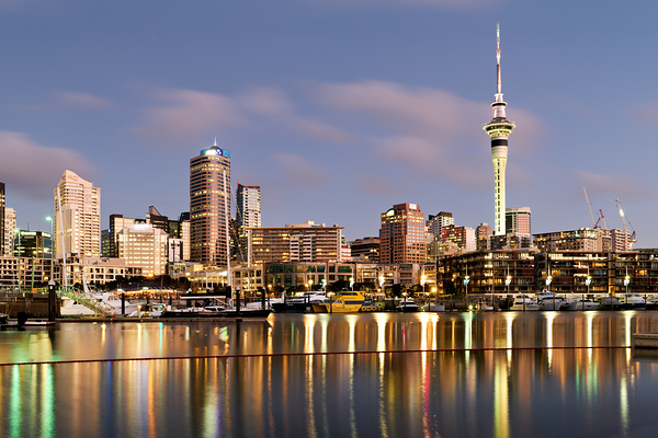 Auckland skyline with buildings and Sky Tower during evening Digital Download