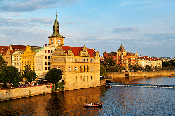Sunset over Pragues Vltava River historic buildings and boat. Digital Download