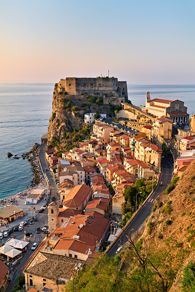 The city of Scilla Calabria Italy. Elevated view of the Ruffo castle at sunset Digital Download