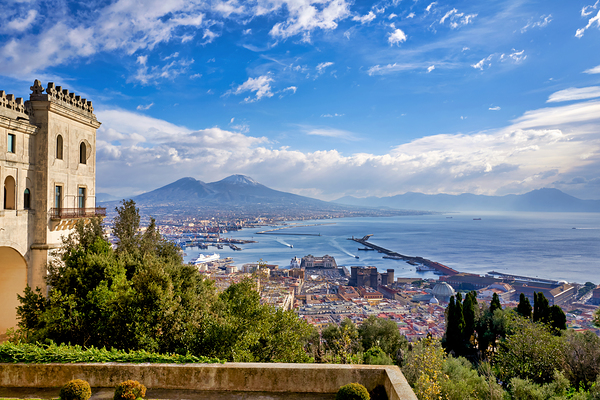 Naples Campania Italy. View of the gulf of Naples and Mount Vesuvius from the Certosa di San Martino Charterhouse of St. Martin a former monastery complex now a museum in Naples southern Italy. It is the most visible landmark of the city perched atop the  Digital Download