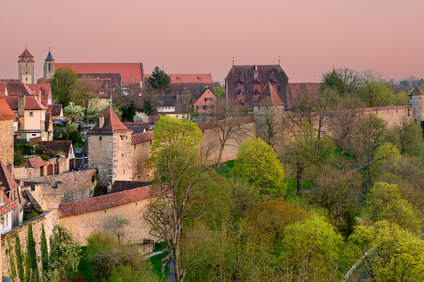 Germany Bavaria Romantic Road. Rothenburg ob der Tauber. Fortified walls at dusk Digital Download