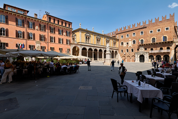 Verona Veneto Italy. Piazza dei Signori with the monument to Dante and restaurants to dine out Digital Download