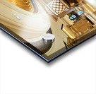 Opulent hotel lobby with grand staircase and golden chandeliers. Acrylic print