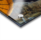 Ancient multi armed statue yellow fabric inside stone temple. Acrylic print