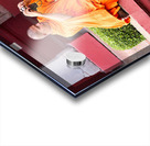 Monk in orange robes takes photo by a lotus pond. Acrylic print