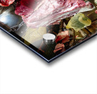 Woman selling raw meat in a bustling market. Acrylic print