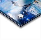 Penguins play on ice near water with a skeleton exhibit in Dubai Acrylic print