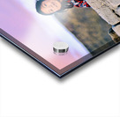 Young girl smiles over stone wall at sunset. Acrylic print