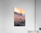 Sunset over Santorini caldera with church and boats. Acrylic Print