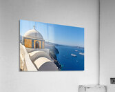 Santorinis iconic church and caldera with ships. Acrylic Print