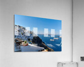 Santorinis white village blue caldera and cruise ships. Acrylic Print