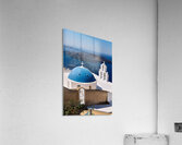 Santorinis iconic blue dome church and caldera seascape. Acrylic Print