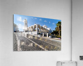 Beautiful white church and cobblestone street in sunny Santorini Acrylic Print