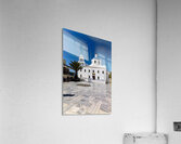 White Greek church with blue dome bell tower and marble courty Acrylic Print