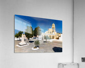 Traditional Greek church blue dome bell tower sunny day. Acrylic Print