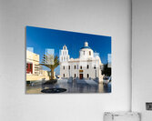Beautiful white church blue dome palm tree clear sky. Acrylic Print