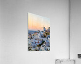 Oia Santorini: White buildings windmills and sunset over the  Acrylic Print